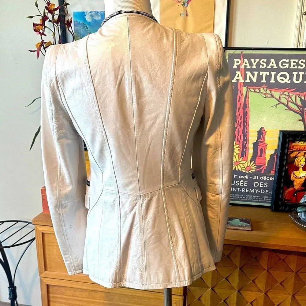 Dawn Levy Cream Pearl Designer Leather Jacket with Black Accents